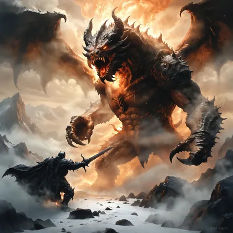 a painting of a giant monster attacking a man with a sword