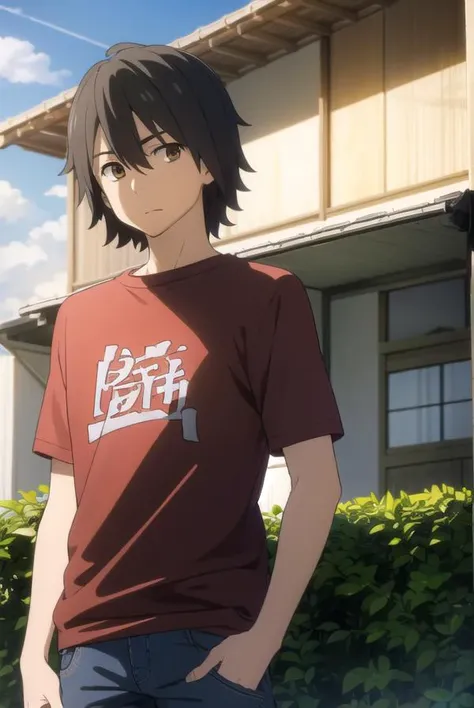 jintayadomi, <lora:jinta yadomi s1-lora-nochekaiser:1>,
jinta yadomi, black hair, male focus, (brown eyes:1.3),
BREAK shirt, pants, t-shirt, red shirt,
BREAK outdoors, house, fields, grass, sky, sun, clouds,
BREAK looking at viewer, (cowboy shot:1.5),
BREA...