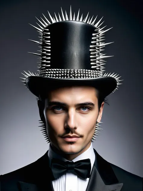 a close up of a man wearing a top hat with spikes on it