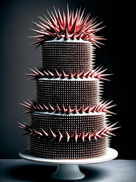 a close up of a three tiered cake with spikes on top