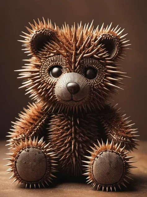 product shot of a cute cuddly adorable and fluffy tedi-bear covered in bend (rusty:1.2) and crooked ral-spikes, rust,  deep shadows, dramatic light, perfect composition, bokeh, <lora:SDXL - Style - ral-spikes-sdxl:.9>