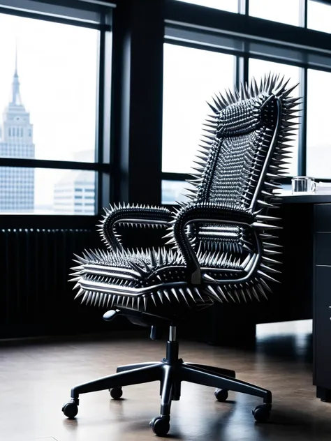 a close up of a chair in an office with a desk and a window