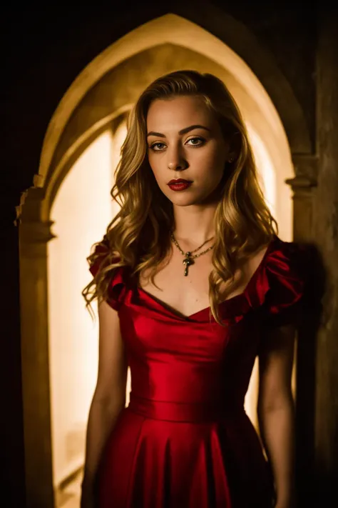 RAW photo, (close-up:1.2), portrait photo of a (pale:1.2) (blonde) 20 y.o woman [Sarah Gadon | Elle Fanning] with long, smooth hair, lipstick, golden necklace, long red fingernails, wearing an (ankle-length white gothic dress, ornate, stained with blood,) ...