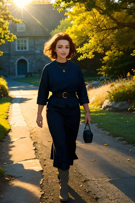 arafed woman walking down a path in a black dress