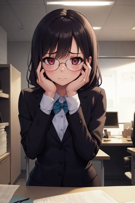 office, 1girl, suit, glasses, small breasts, miserable, cinematic lighting