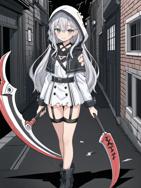 anime girl with a large knife and a hat on a street