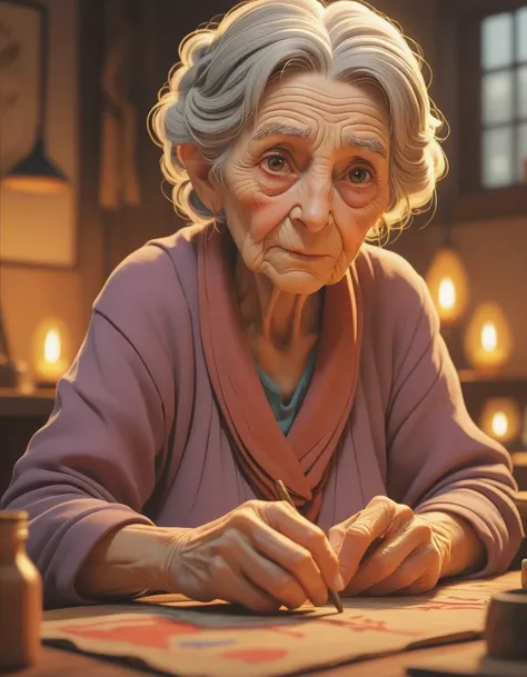 anime artwork 3d style old woman, with rugged hands that bear testament to a life well-lived, delicately paints on her canvas amidst warm lighting that highlights both her wrinkles and artistic talent. . anime style, key visual, vibrant, studio anime, high...