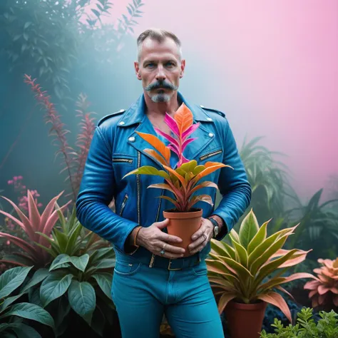 homoerotic ethereal dreamlike photograph, a leather Daddy holding a plant in a garden, pink, blue, orange, vividly queer, high saturation, hazy, fog