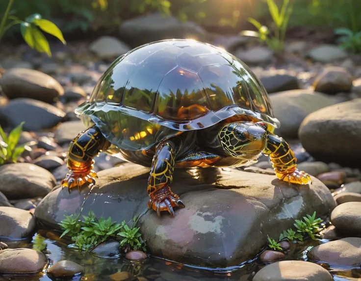 A sleek futuristic translucent glass box turtle perches gracefully on a smooth river rock in the middle of a small stream, its webbed robot feet dangling just above the tranquil waters, The serene scene is bathed in warm hues as the sun sets in the distanc...