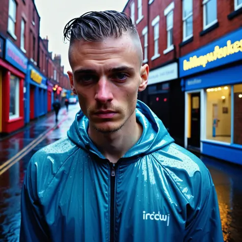 ethereal dreamlike photograph evoking ennui and desperation tinged with sadness, a Mancunian dude with very shirt undercut wet hair and a damp track suit on a rainy Northern Quarter street, vividly queer, high saturation