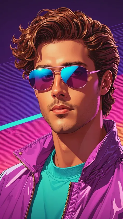 Futuristic-vaporwave, "vaporwave style handsome guy with sunglasses and brown hair. Retro aesthetic, cyberpunk, vibrant, neon colors, vintage 80s and 90s style, highly detailed."