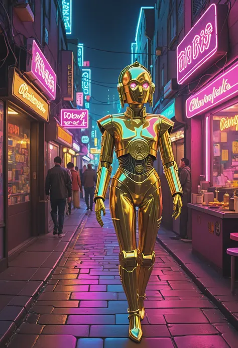 retro cyberpunk a C3PO1024 woman walking down the middle of a street, BREAK A small, hidden alleyway, a crowd of locals enjoying their evening meal at one of the many quaint restaurants lining the cobblestone path, a small neon sign flashing in the distanc...