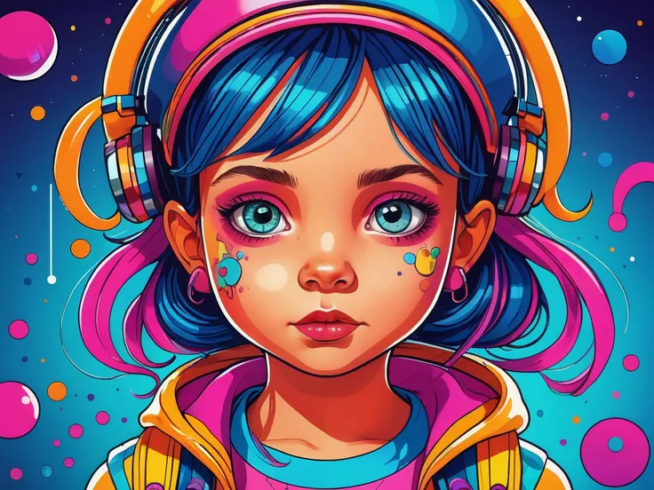 2D colorful illustration, neopunk style, a little girl,