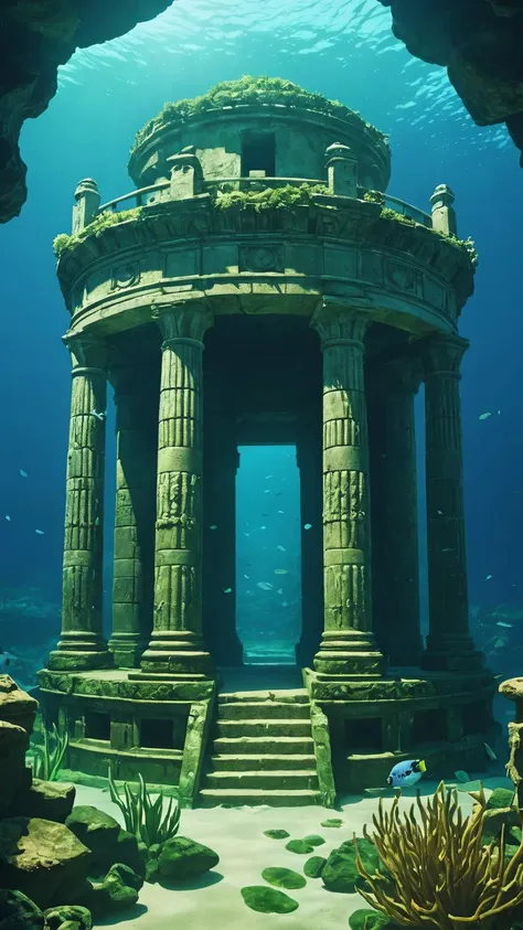 The lost city of atlantis, underwater shot, algae, caustics, old underwater temple worn out by time and erosion,