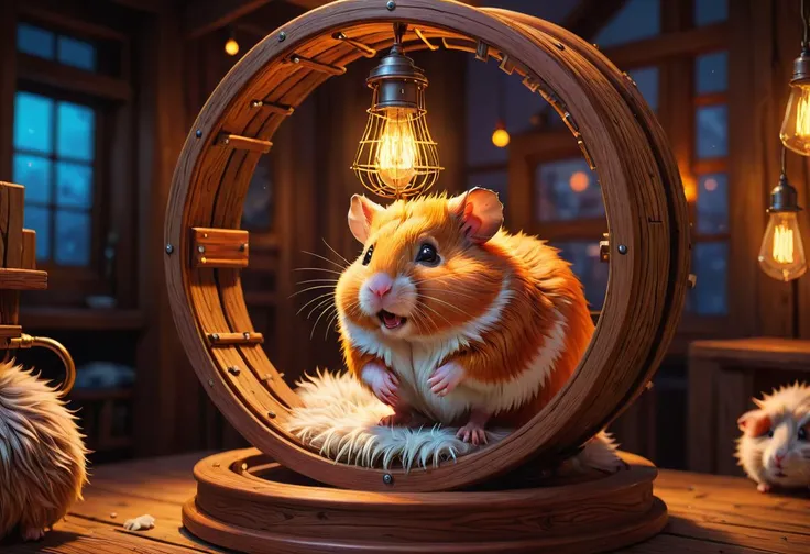 Positive prompt:
dreamscape professional 3D Model of a Hamster Running on a Wheel in its cozy wooden cage, intricately detailed fur and muscles moving realistically under the warm glow of an overhead lamp. The hamster runs with determination and focus, sur...