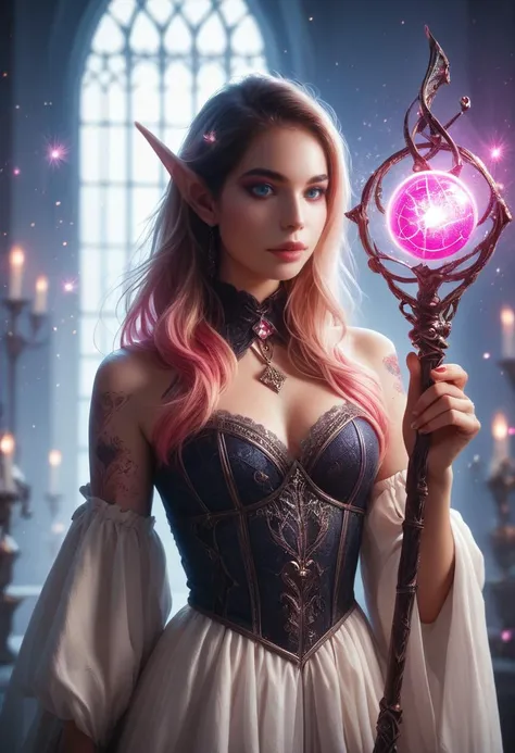 a woman in a corset holding a pink ball and a wand