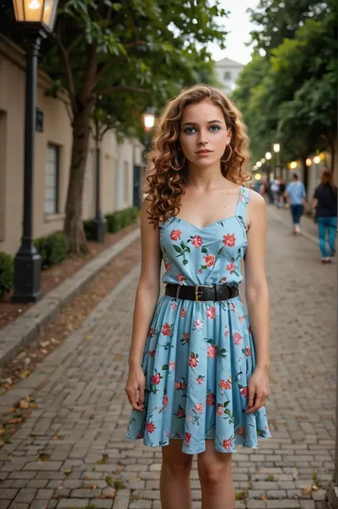 a woman in a blue dress standing on a brick walkway