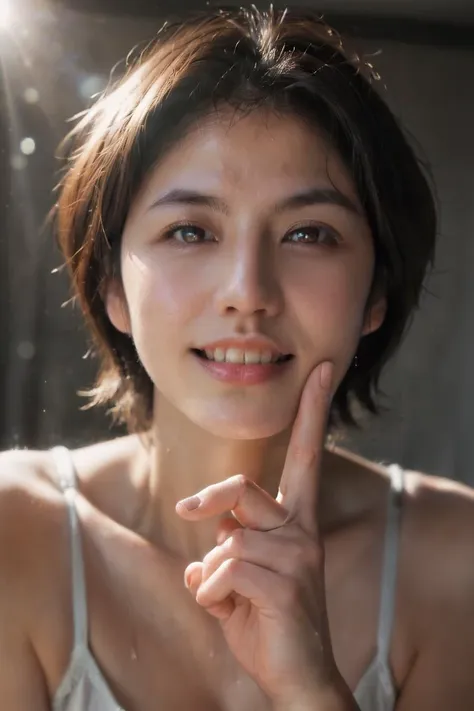 a close up of a woman with a finger on her lips