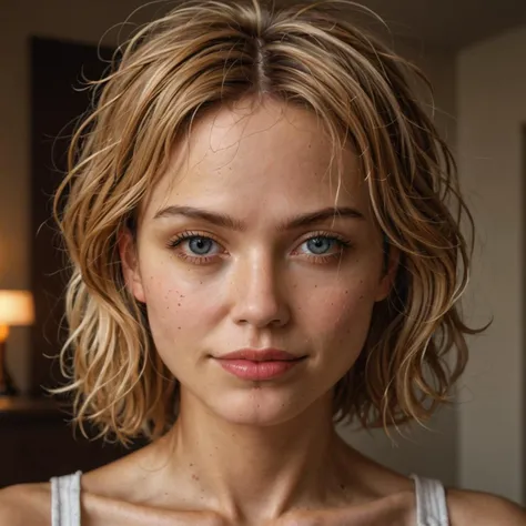 a close up of a woman with a very short haircut