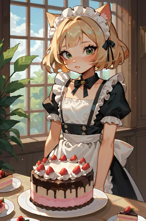 anime girl in maid outfit holding a cake with strawberries on it