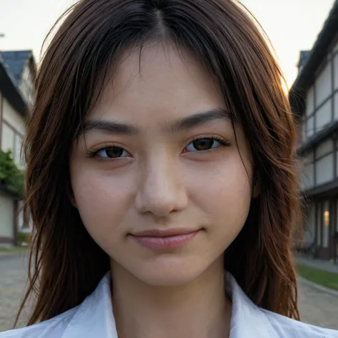 a close up of a woman with long hair and a white shirt