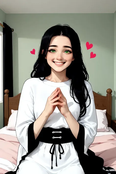 anime girl with black hair and green eyes sitting on a bed