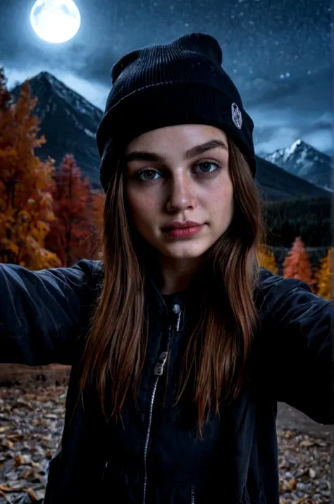 (selfie), young woman on mountains, in the dark, at night, dressed jacket and beanie, Autumn, very dark, grainy, dark moody,  (background: stars), solo