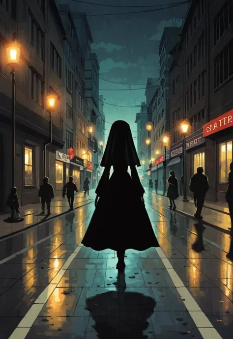 arafed image of a woman walking down a city street at night