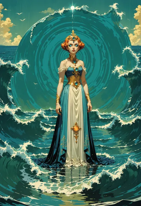 a woman in a dress standing in the ocean with a star above her head