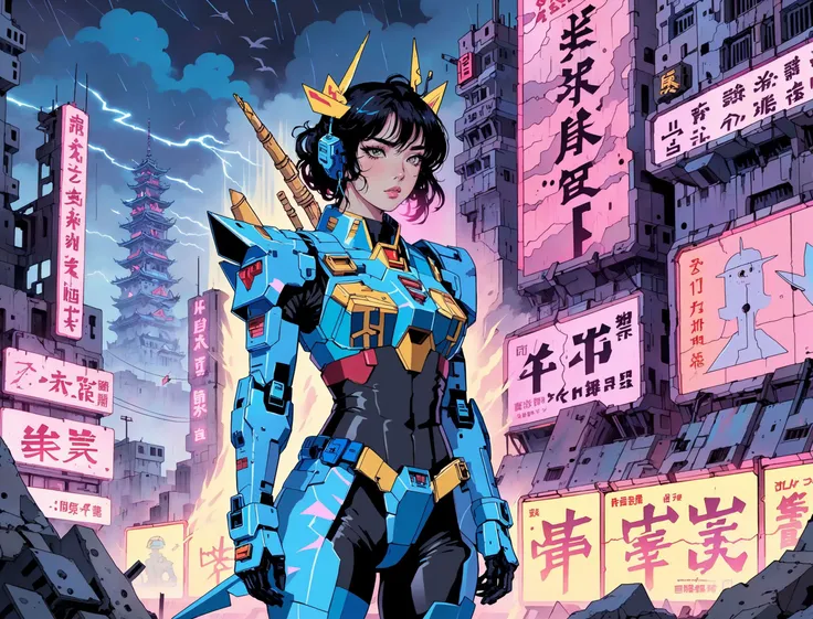 a close up of a woman in a blue suit holding a sword