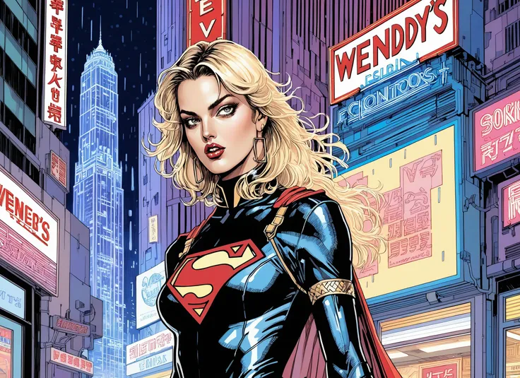 a woman in a black and red superman suit standing in a city