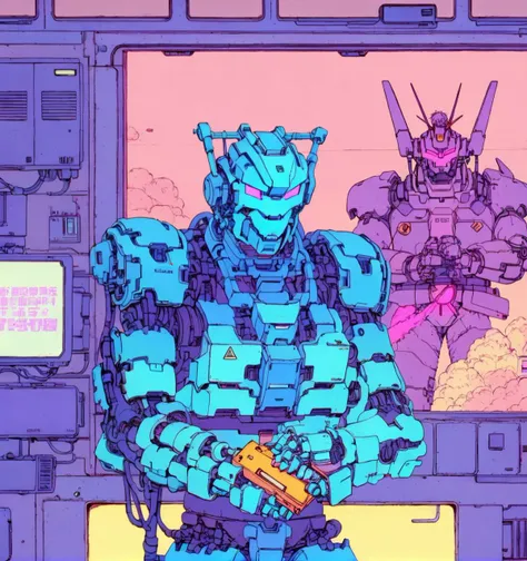 <lora:deathburgerxl:1> (mecha, machine), 80s anime style, vintage, (calm, stoic), VHS, grainy