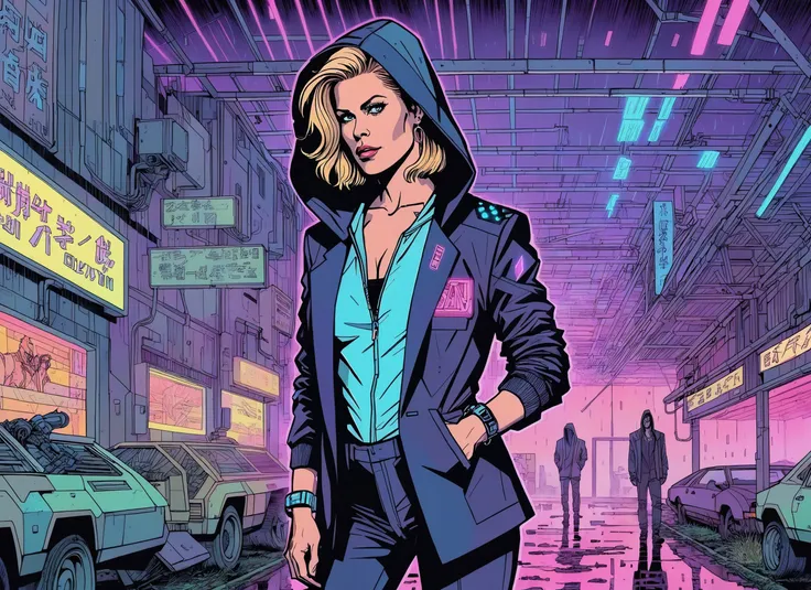 a woman in a blue jacket and jeans standing in a city