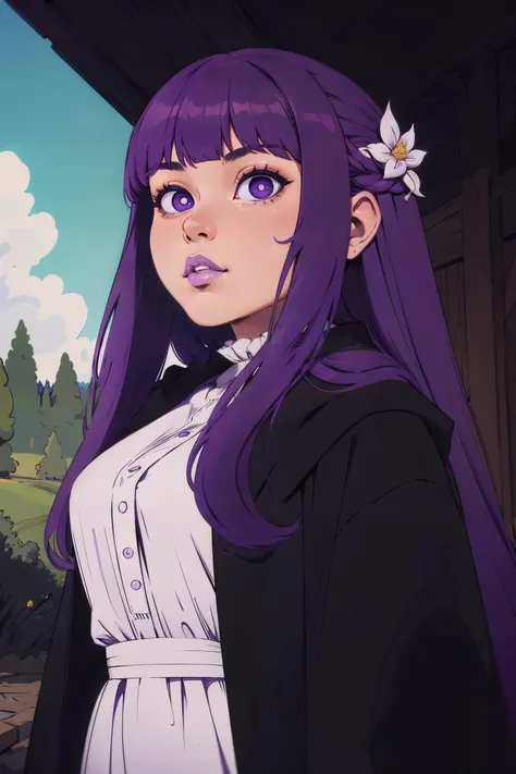 <lora:CHAR-Fern:0.8>,FernFrieren,very long hair,purple eyes,(purple pupils),white dress,black robe,<lora:Ilya Kuvshinov [MockAi - v1.0]:0.95>,ilyakuvshinov,painterly style,cinematic composition,expert shading,semi-realistic,limited color palette