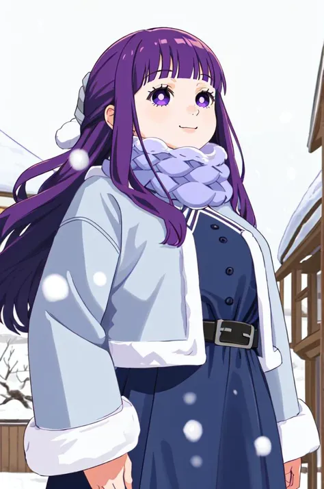 <lora:FernV2:1>  FernWinter, purple pupils, long hair, half updo, blue scarf, black dress, white jacket, fur-trim, cropped jacket, black belt, smile, looking up, snowing,  outdoors,