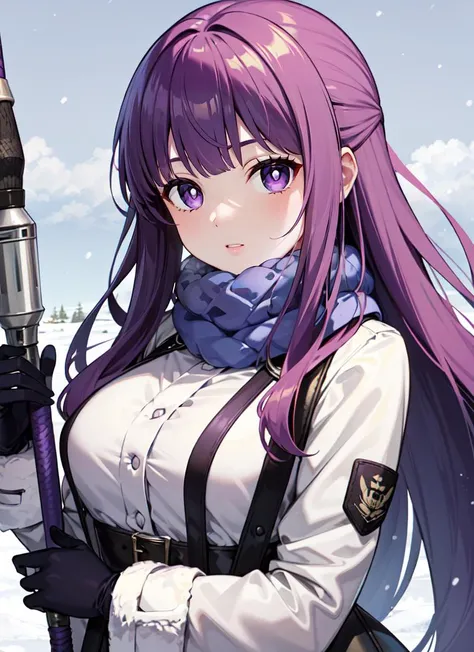 ((best quality)), ((highly detailed)), detailed face, beautiful face, , (1girl), (solo), upper body, <lora:FernV2:.8>, FernFrieren, purple hair, very long hair, purple eyes, (purple pupils), large breasts, half updo, FernWinter, blue scarf, black dress, wh...