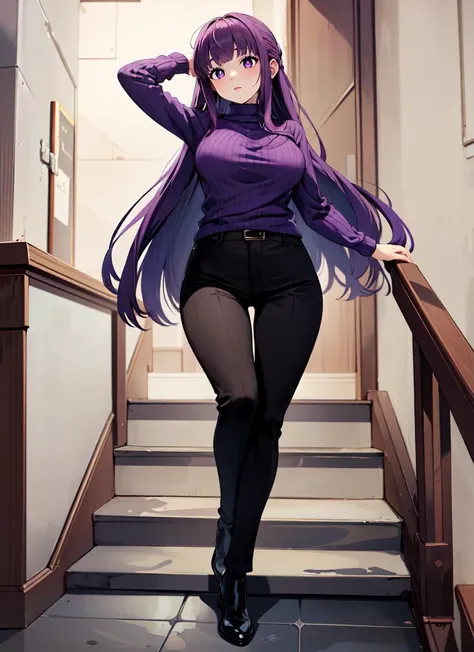 ((best quality)), ((highly detailed)), , (1girl), (solo), dynamic pose, full body, very wide shot, <lora:FernV2:.9>, FernFrieren, purple hair, very long hair, purple eyes, (purple pupils), large breasts, half updo, white sweater, ribbed sweater, long sleev...