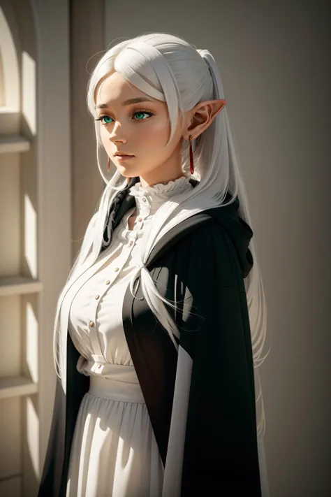 <lora:FernV2:1>,white dress, collared dress, (black robe) <lora:Ð¤ÑÐ¸ÑÐµÐ½ Ð¿ÑÐ¾Ð²Ð¾Ð¶Ð°ÑÑÐ°Ñ Ð² Ð¿ÑÐ¾Ð»ÐµÐ´Ð½Ð¸Ð¹ Ð¿ÑÑÑ(Frieren, twintails, earrings(ÑÐ¼ Ð¾Ð´ÐµÐ¶Ð´Ñ):1>Frieren, twintails, earrings,green eyes, small breasts, flat chest,(White h...