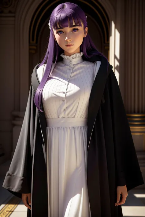 <lora:FernV2:1>FernBase, purple pupils, long hair, half updo, white dress, collared dress, (black robe), 1girl in full growth, best quality, masterpiece, ultra-detailed, high quality, perfect nose, highly detailed skin, warm skin tone, defiance512, RAW pho...