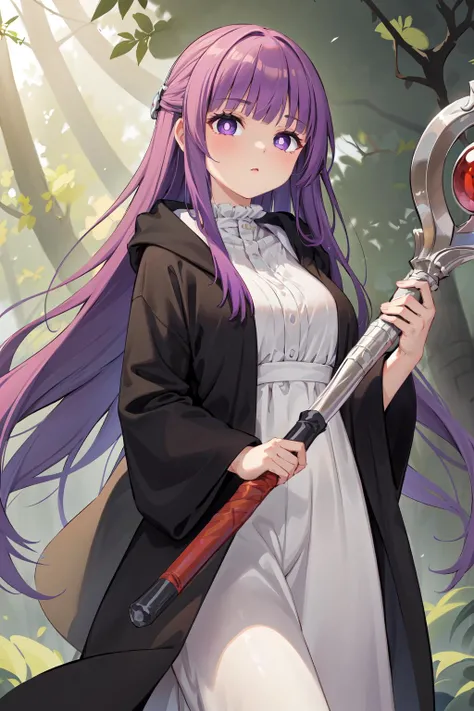 masterpiece,best quality,1girl,FernFrieren,very long hair,purple eyes,(purple pupils),white dress,black robe,expressionless,staff,holding staff,forest,sunlight,cowboy shot,<lora:Fern:0.9>,<lora:Concept-control tool-add_detail-CyberAIchemist:1>,