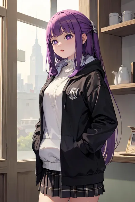 anime girl with purple hair and a black jacket standing in front of a window