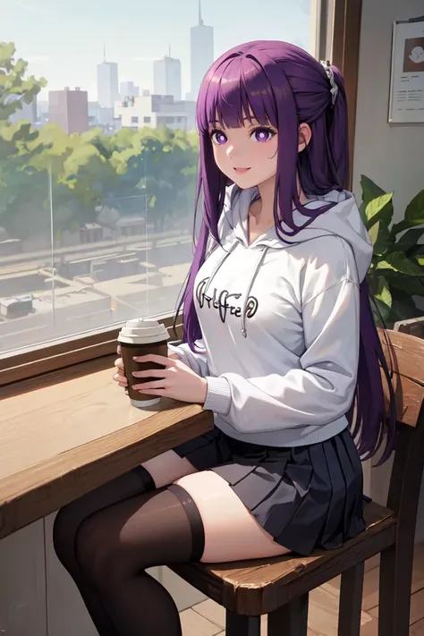 anime girl sitting at a table with a cup of coffee