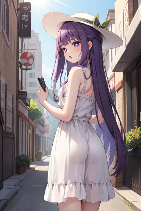 masterpiece,best quality,1girl,FernFrieren,very long hair,purple eyes,(purple pupils),white sundress,sun hat,:o,city street,sunlight,cowboy shot,from behind,<lora:Fern:0.9>,<lora:Concept-control tool-add_detail-CyberAIchemist:1>,