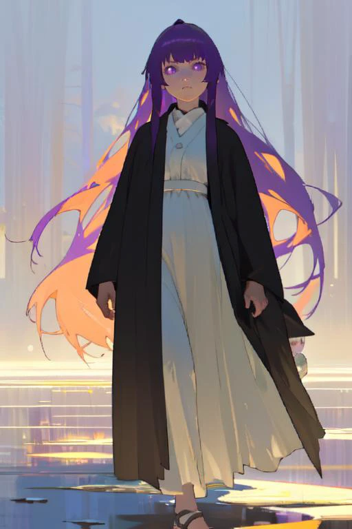 (photorealistic1.5), (1girl:1.6),(child body:1.3), FernFrieren, very long hair, purple eyes, (purple pupils), white dress, (black robe:1.2),arrogant expression,contemptuous expression<lora:Fern:0.7> 
The lingering glow of the setting sun,
Shadows gently wa...