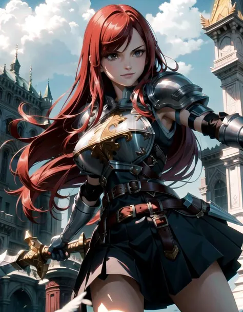 <lora:erza_v1:0.8> , outdoor,  perfect lighting, (masterpiece, best quality, ultra detailed, absurdres)1.5, (elaborate atmosphere:1.4), fairy tail, 1girl, standing, long hair, red hair, brown eyes, armor, shoulder armor, gauntlets, breastplate, armored dre...