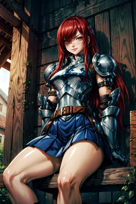 <lora:erza_v1:0.8> fairy tail, 1girl, long hair, red hair, brown eyes, armor, shoulder armor, gauntlets, breastplate, armored dress, belt, pleated skirt, blue skirt, hair over one eye, thicc,thick thighs,curvy,(sit),(sit on bench),wood bench,smile,smiling,...