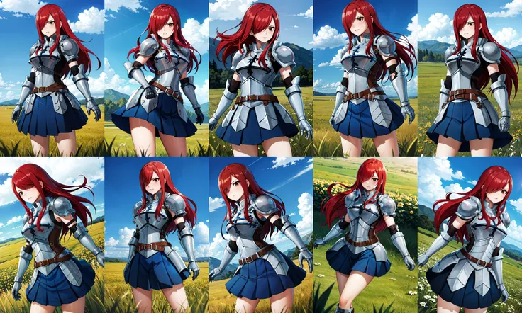 masterpiece, best quality, highres, fairy tail, 1girl, long hair, red hair, brown eyes, armor, shoulder armor, gauntlets, breastplate, armored dress, belt, pleated skirt, blue skirt, hair over one eye, <lora:erza_v1:0.8>, field, grass, standing, cowboy sho...