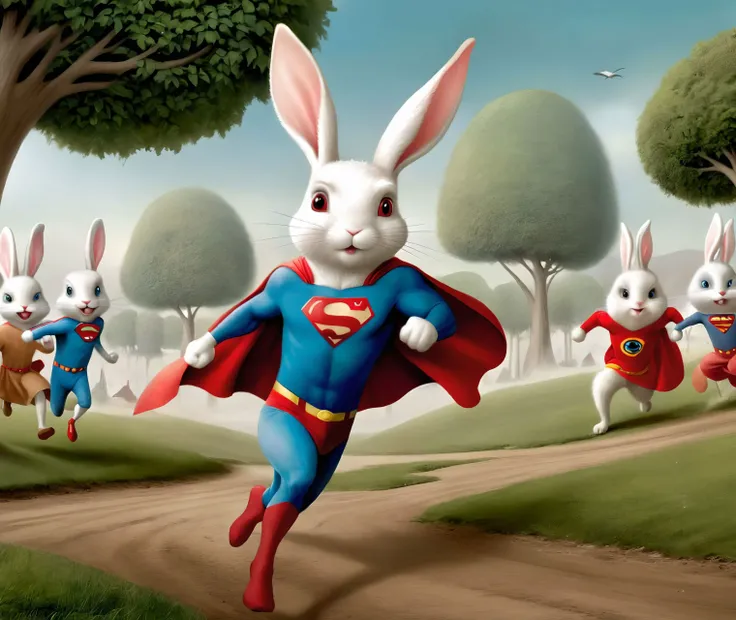 there are many white rabbits running in a line with superman suits