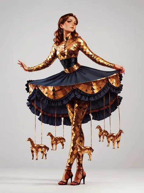 a woman in a gold dress and black tights holding a carousel