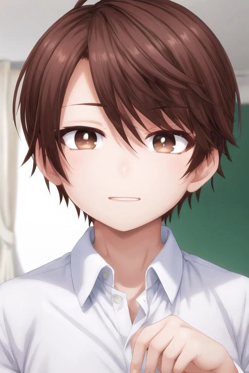 masterpiece, best quality, high quality, 1boy, solo, male focus, looking at viewer, , depth of field, <lora:yuuta_kadowaki:0.76>, yuuta_kadowaki, brown hair, brown eyes, shirt